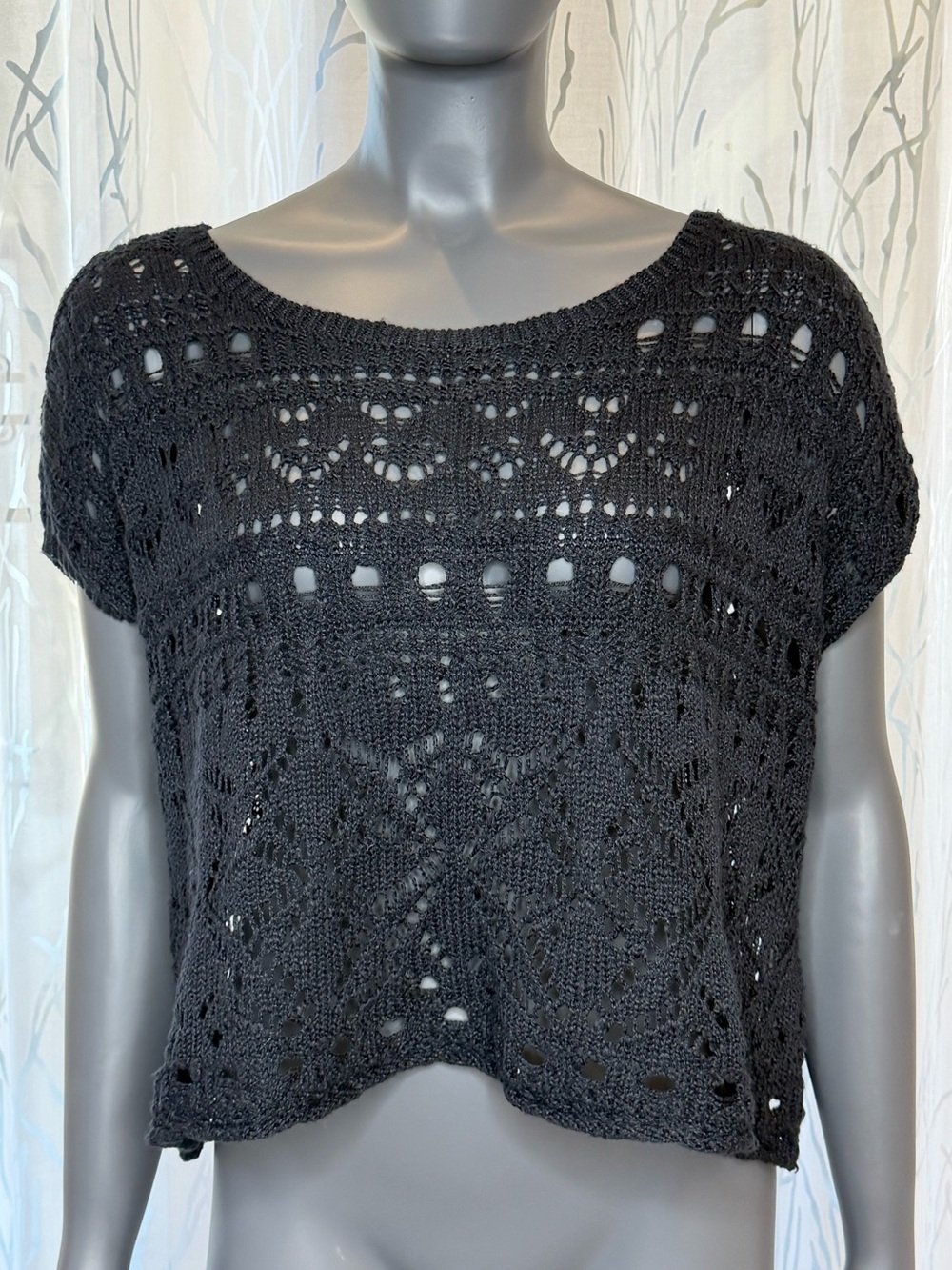 Abercrombie & Fitch Black Open Knit Pointelle Crop Sweater Top One Size Boho